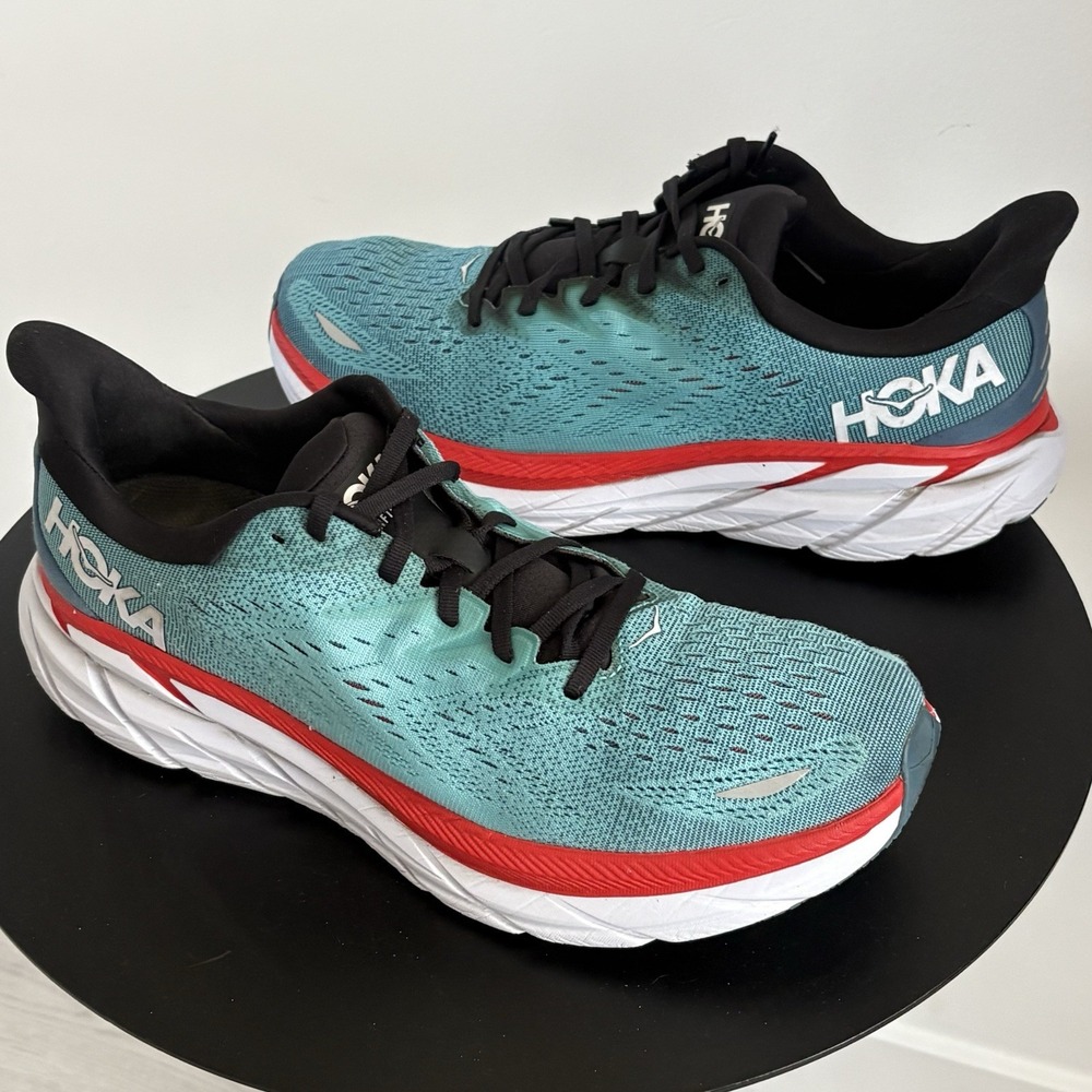 Hoka One One Clifton 8 Mens 10.5 D Teal Blue Orange Running Shoes 1119393 RTAR
